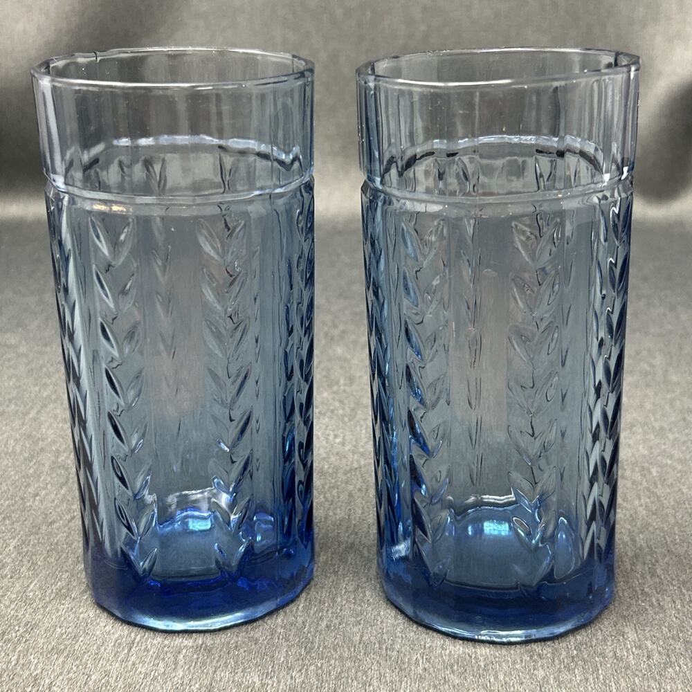 VTG Anchor Hocking Vertical Laurel Blue Glass Tumbler Glasses 6.25" Retired 2pc